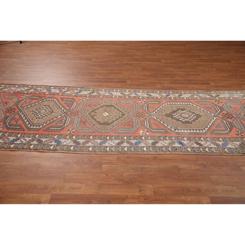 Hand Knotted Oriental 100% Wool Carpet Traditional Tribal Coral Hamedan Runner Rug - 13' 2'' X 3' 5''