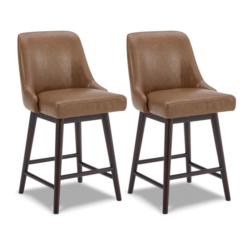 Spruce & Spring Hazel Upholstered Counter Height Swivel Barstool with Back - Set of 2 - Saddle Brown-Faux Leather