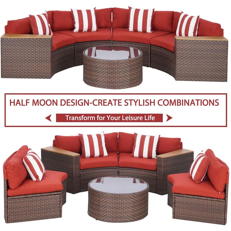 Outdoor Patio Furniture 5-piece Rattan Wicker Half-Moon Half Round Curved Sofa Sectional Set