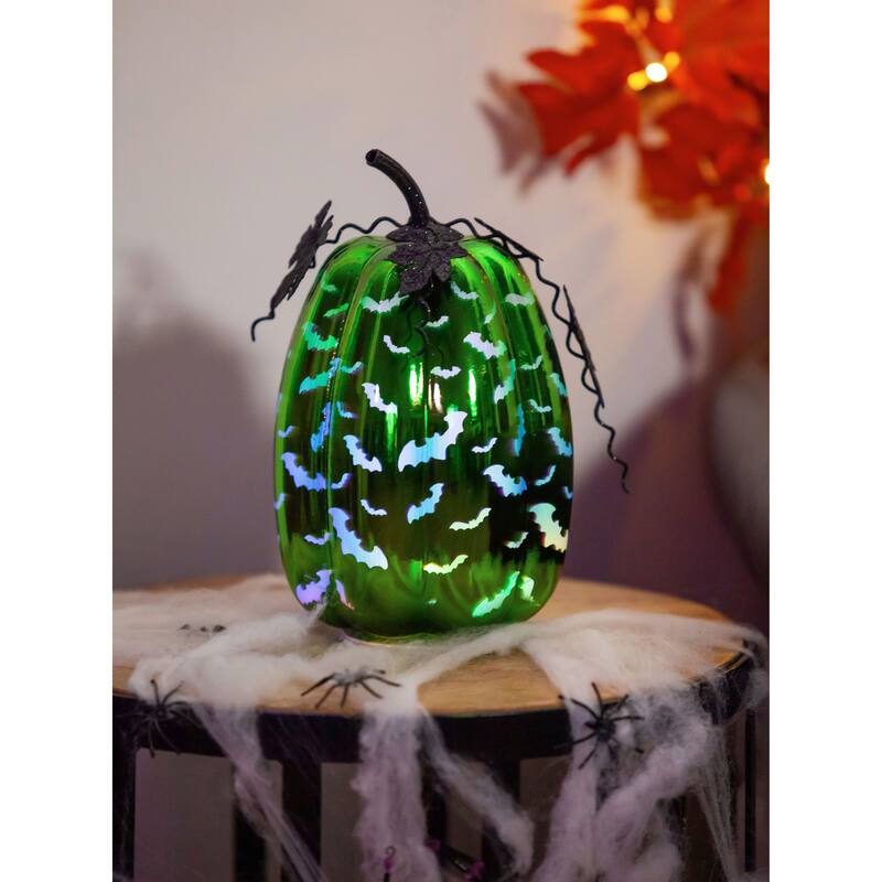 Green Bats LED Glass Pumpkin Statuary
