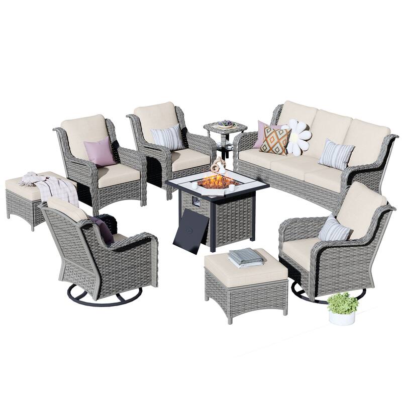 OVIOS 9-piece Patio Wicker Swivel Chair Set With 30" Fire Pit