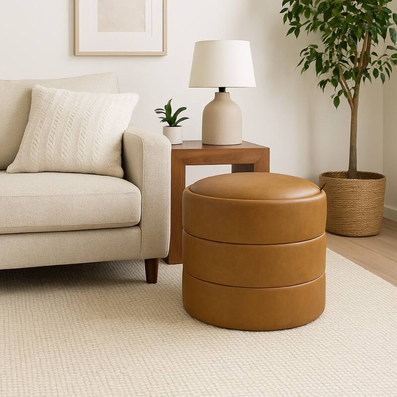 Pero Storage Ottoman, 18 Inch Round Removable Lid, Brown Faux Leather