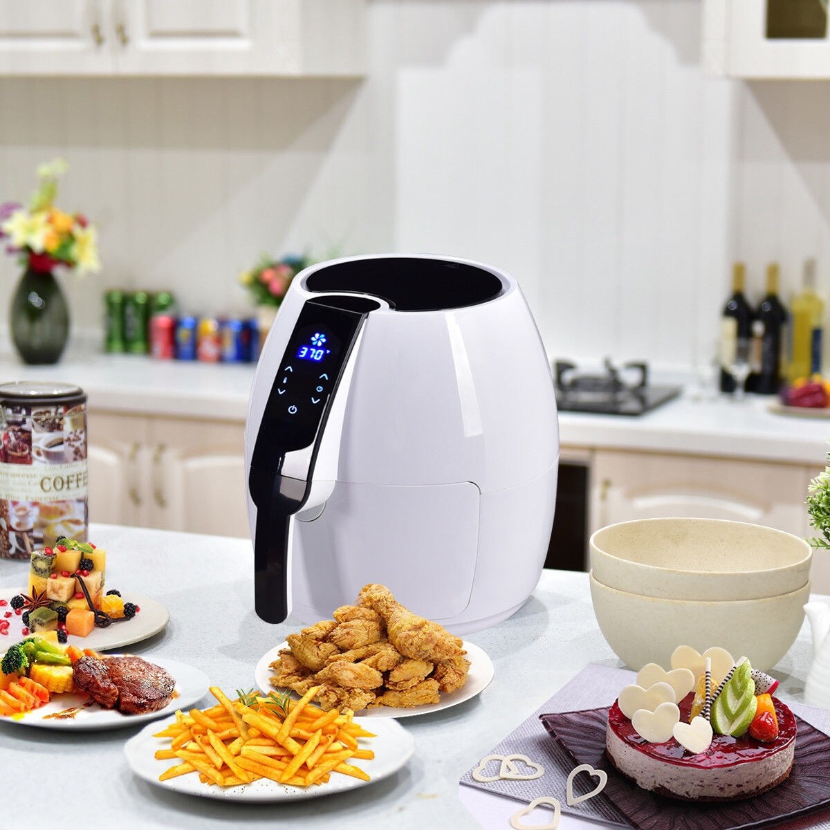 Costway 1500W Electric Air Fryer 4.8 Quart Touch LCD Screen Black/ White