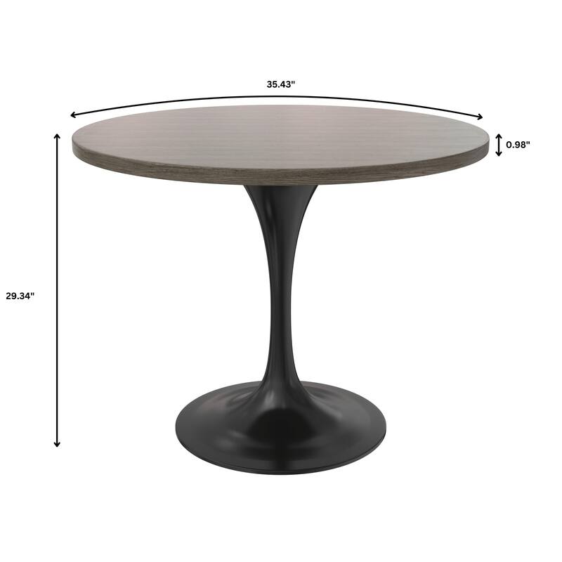 LeisureMod Verve 36" Round Dining Table with MDF Wood TableTop and Black Steel Base for Kitchen & Dining Room