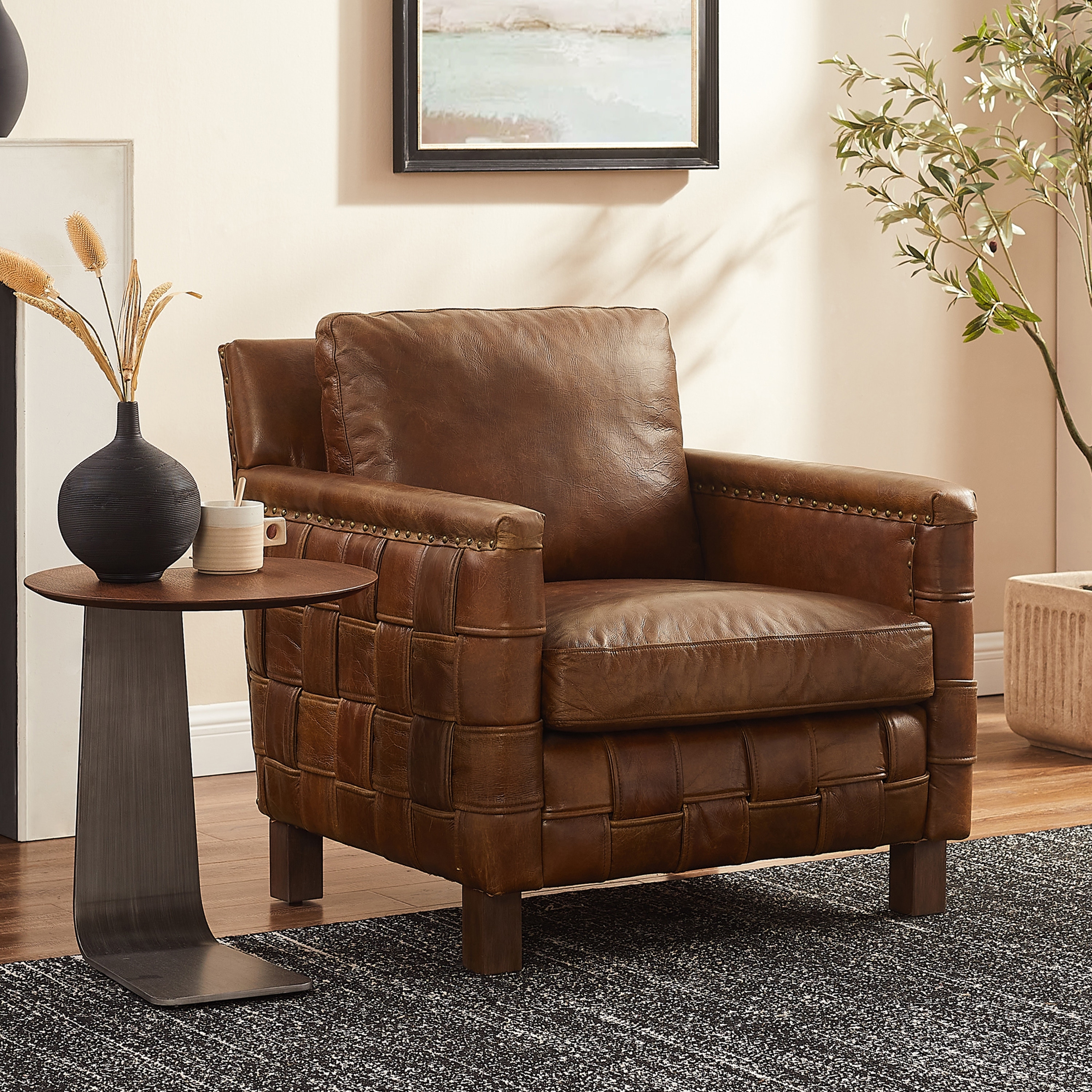 Art Leon Antique Woven Genuine Leather Accent Armchair