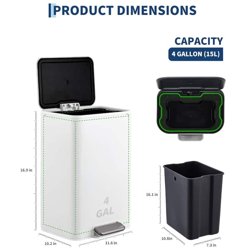 15L Soft-Close Lid Compact Stainless Steel Trash Can for Kitchen, Bathroom