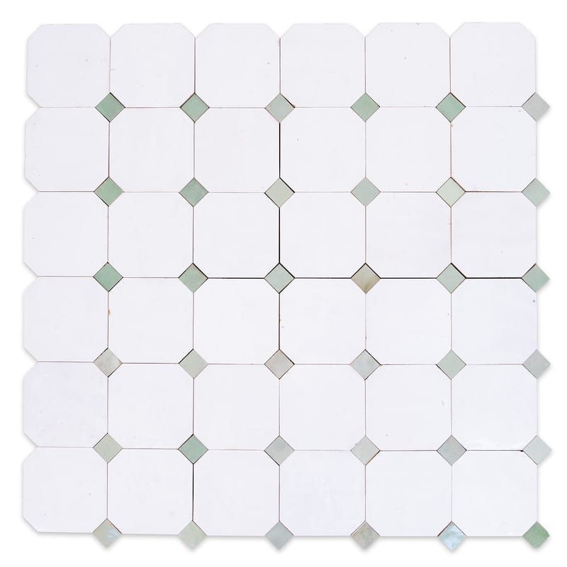 Contemporary Zellige Panels,12''x12''x0.5'' White with Sea Green Accents