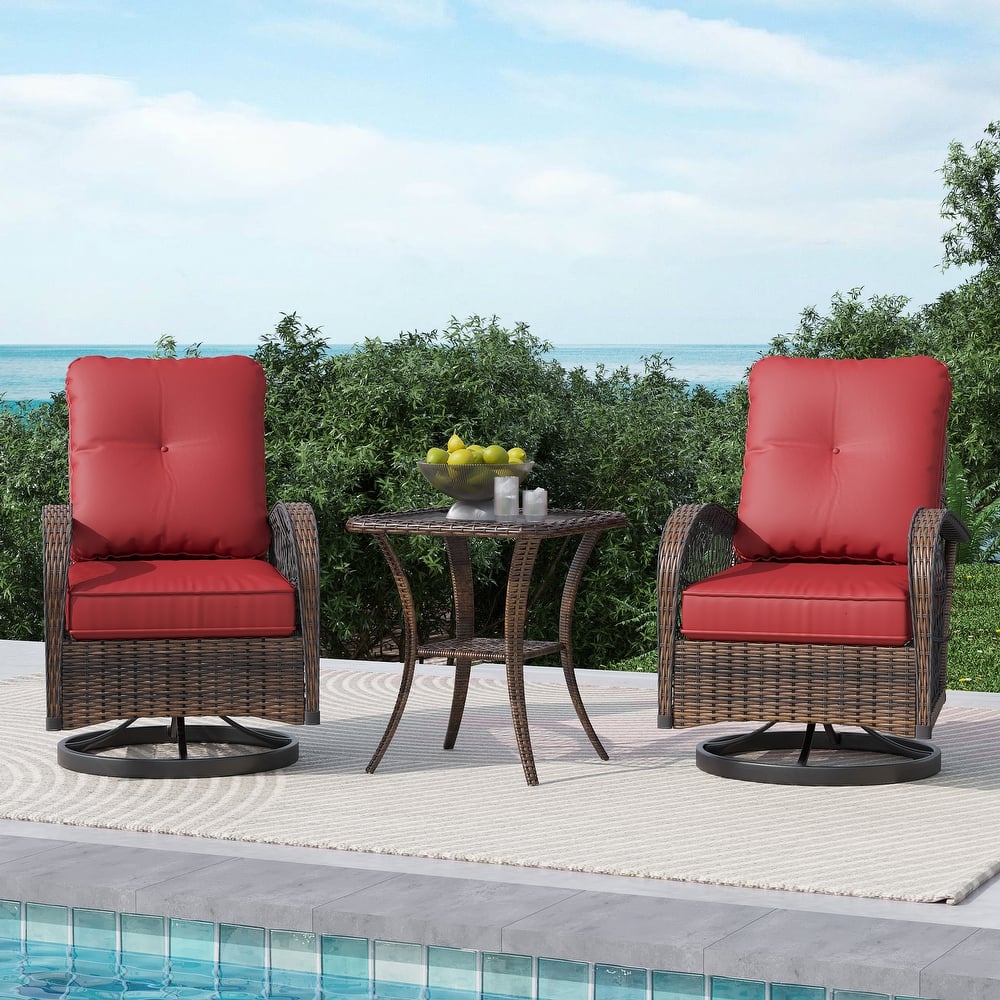 EROMMY Outdoor 3 Pieces Swivel Rocker Patio Chair Sets with Glass Table, All-Weather Wicker & Thickened Cushions for Backyard