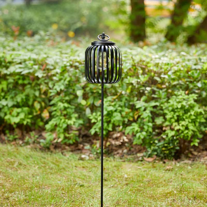 Glitzhome Metal Stripes Waterproof Solar Powered Outdoor Lantern with Garden Stake