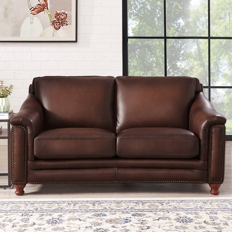 Hydeline Belfast Top Grain Leather Loveseat, Feather, Memory Foam and Springs - Caramel Brown