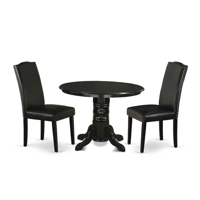 Dinette Set 3Pc Round Table & 2 Parsons Chairs - Black PU Leather - 42" Table