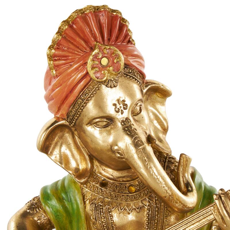 Gold Resin Musician Ganesh Decorative Sculpture with Green, Yellow, and Red Accents