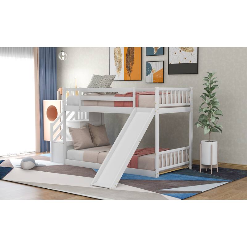 Convertible Twin Bunk Bed with Slide and Stairway, White