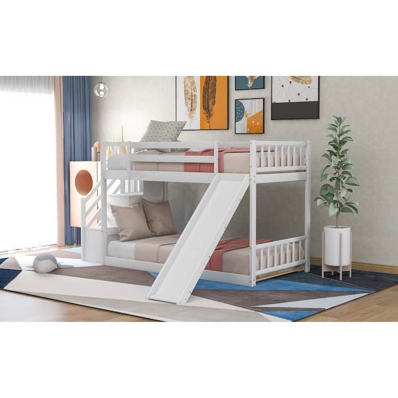 Twin Over Twin Wood Bunk Bed with Convertible Slide and Stairway