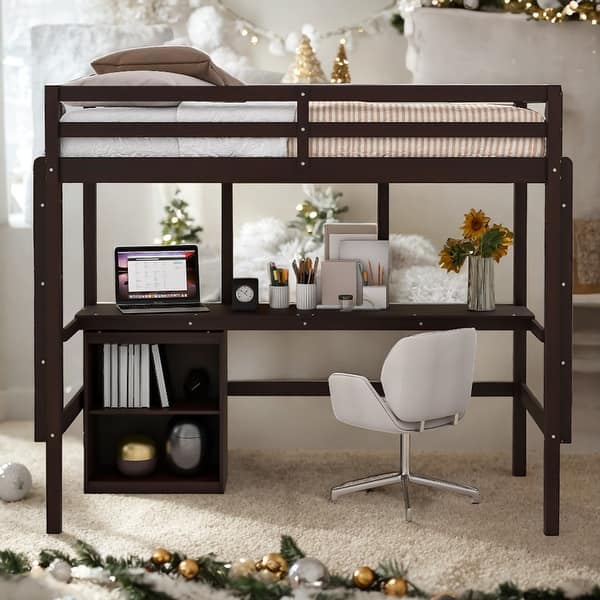 slide 2 of 15, Full size Loft Bed with Desk, Writing Board and Drawers Cabinet, Espresso Espresso