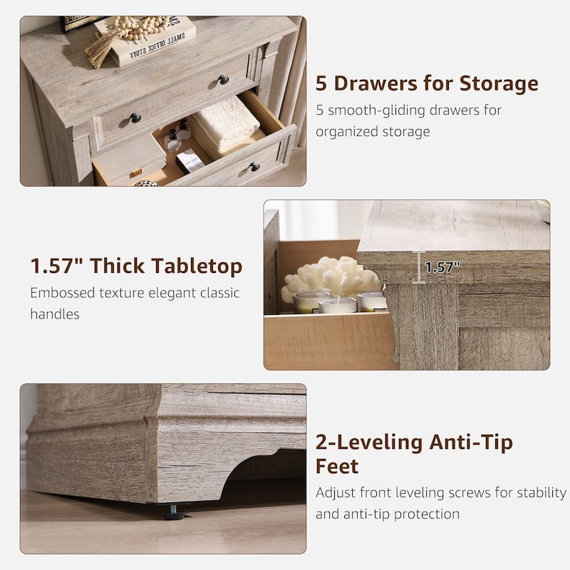 Farmhouse 5 Drawers Dresser, Wood Rustic Chest of Drawers for Bedroom