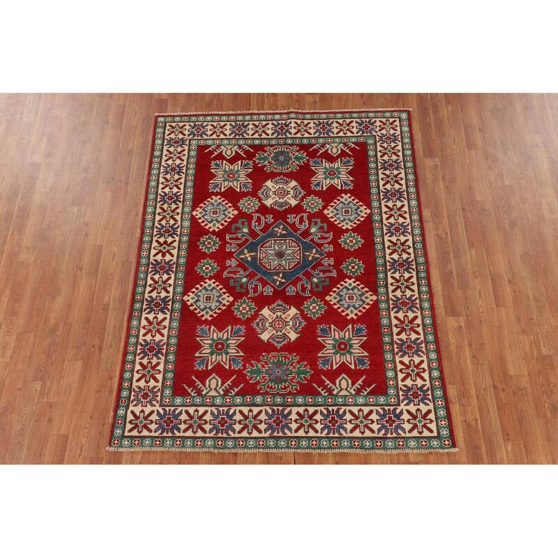 Red Kazak Oriental Area Rug Hand-Knotted Geometric Wool Carpet - 5'0" x 6'7"