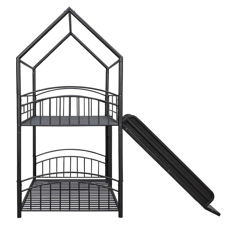 Kids House Bed, Twin Over Twin Metal Bunk Bed Convertible 2 Twin Beds