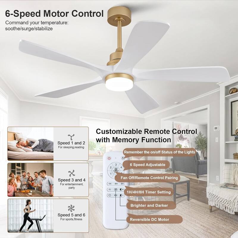 42/52 Inch Ceiling Fan,Electric Fan with Lights & Remote Control,Dimmable 3-Color LED