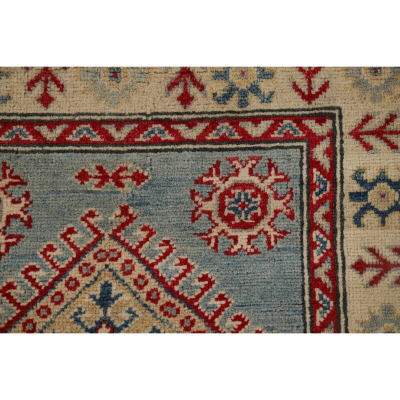 Light Blue Kazak Runner Rug Hand-Knotted Geometric Wool Carpet - 2'7" x 13'1"
