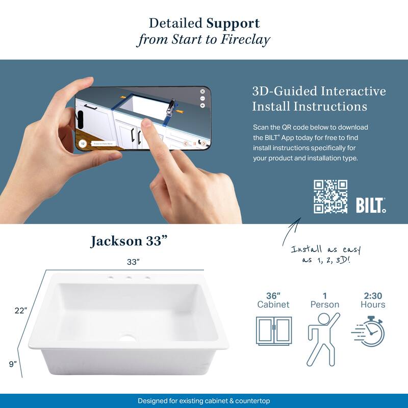 Jackson Crisp White Fireclay 33" Single Bowl Drop-In Kitchen Sink (1 Hole) with Bruton Black Faucet Kit