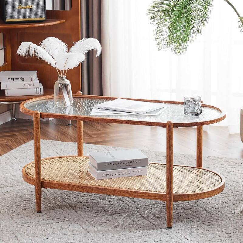 VINGLI Double-Layer Oval Ripple Glass and PE Rattan Tabletop Paired with Heat Transfer Wood Grain Iron Frame Coffee Table