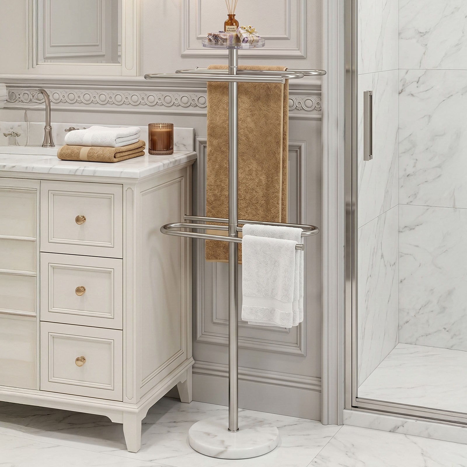 2-Tier Free Standing Towel Rack with Marble Base, 50.8"Silver Towel Stand for Bathroom Floor, 304 Stainless Steel