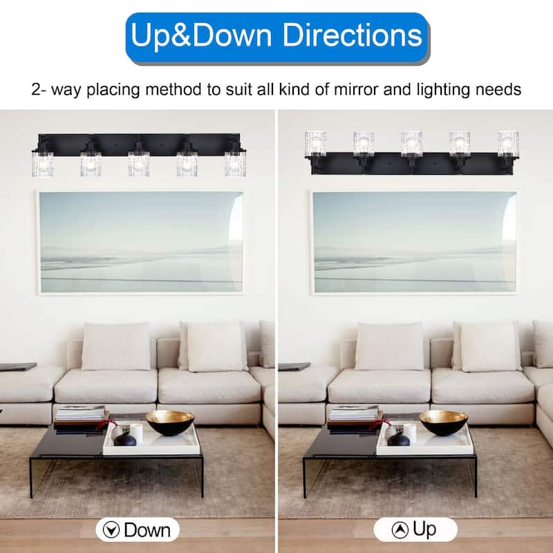 5 Light Bathroom Lighting, Modern Black Vanity Light Fixture Over Mirror, Industrial Fixture with Clear Grid Glass