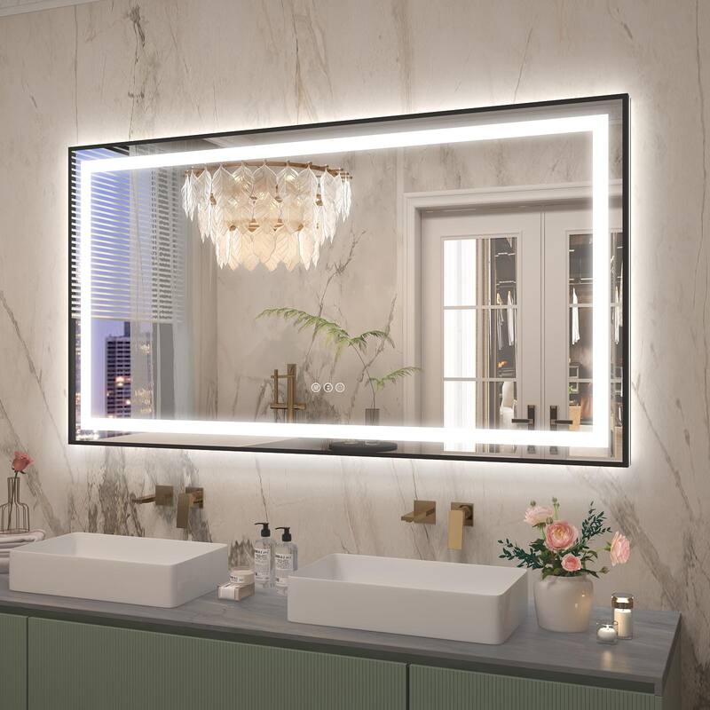 KIOTEE Black Metal Frame Front & Back LED Lighted Anti-Fog Tempered Glass Bathroom Vanity Mirror with ETL and 3 Years Warranty - 55x30