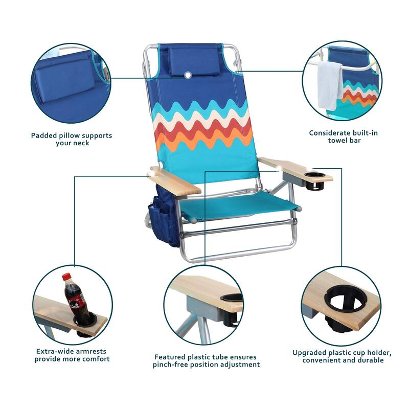 2-Piece Lightweight 5-Position Folding Lay Flat Beach Chairs with Tower Bar
