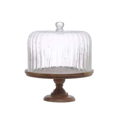 Acacia Wood Pedestal with Fluted Glass Cloche - 12.0"L x 12.0"W x 13.1"H - 12.0"L x 12.0"W x 13.1"H