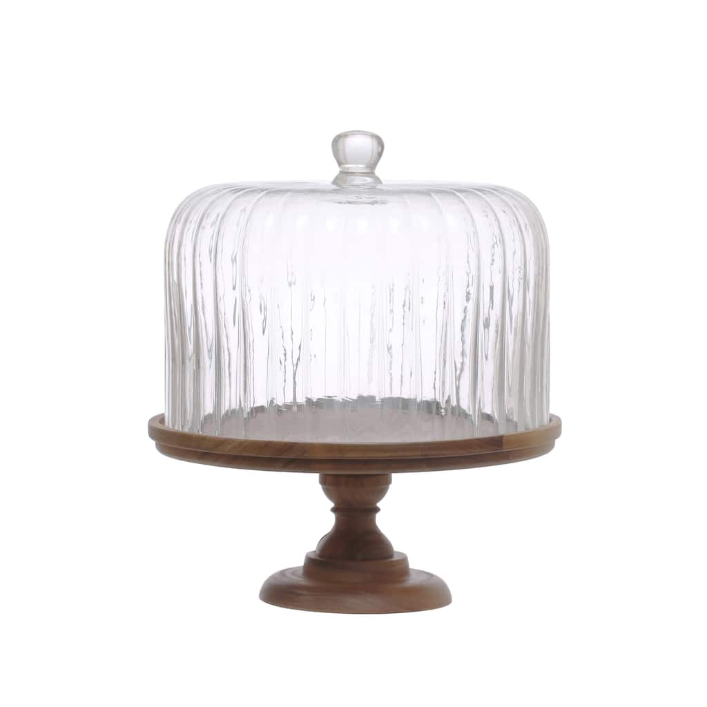 Acacia Wood Pedestal with Fluted Glass Cloche - 12.0"L x 12.0"W x 13.1"H - 12.0"L x 12.0"W x 13.1"H