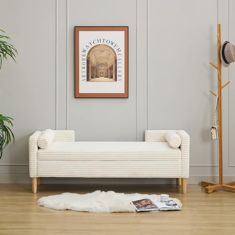 65.35" Wide Corduroy Storage Soft Bench with Armrests, Backrest and Two bolster Pillows for Living Room - Ivory