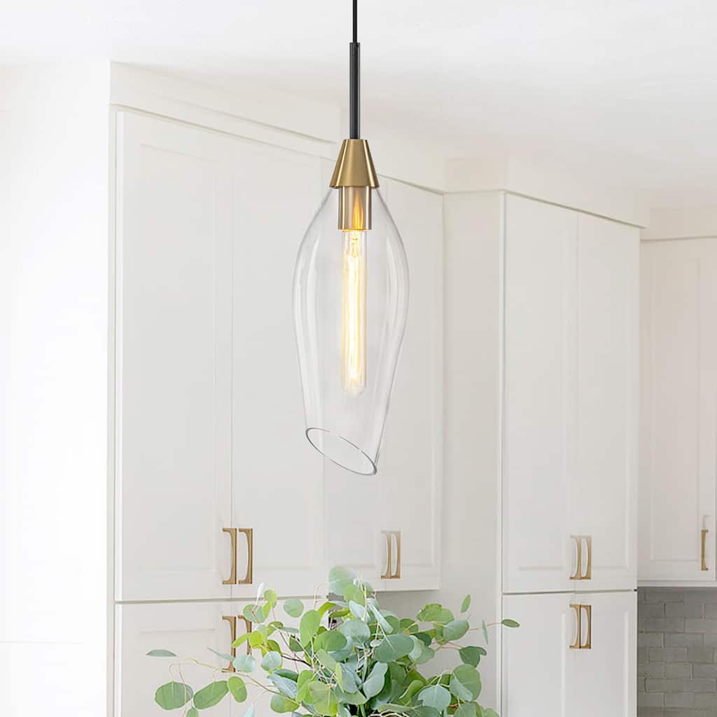 1-Light Pendant Light with Angled-Rim Clear Olive Glass Shade - Dia.6.3-in