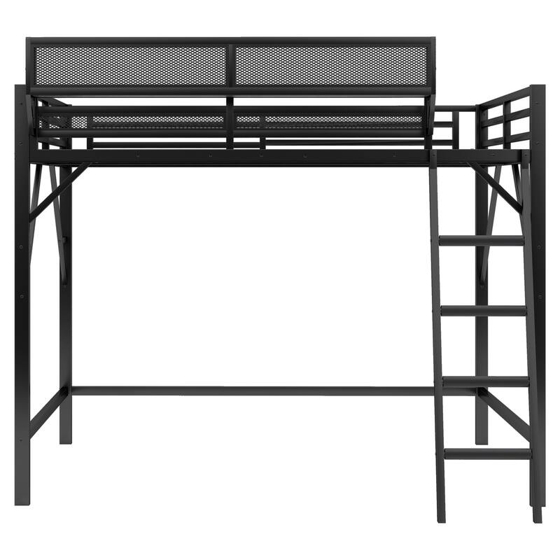 Heavy Duty Metal Loft Bed Frame with Guardrails and Storage Shelves