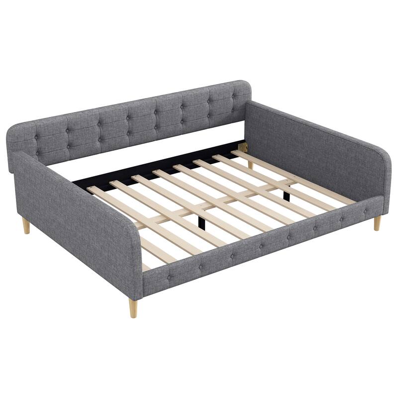 Roomfitters Queen Size Upholstered Daybed, Mid-Century Modern Sofa Bed Frame with Backrest and Tapered Wood Legs