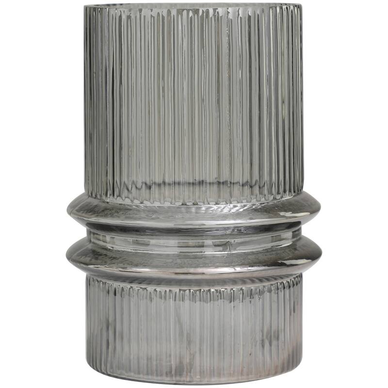 Gray Glass Wide Ribbed Candle Holder with Fluted Center