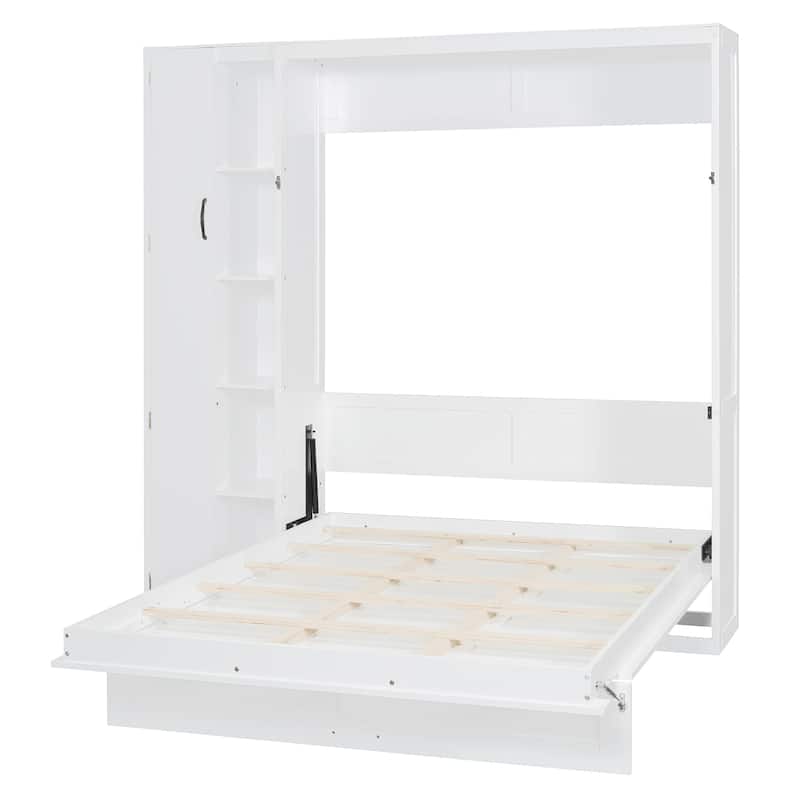 Multifunctional Foldable Murphy Bed Queen Wall Cabinet Bed with Open Storage Shelves, LED Light and Small Closet for Guest Room