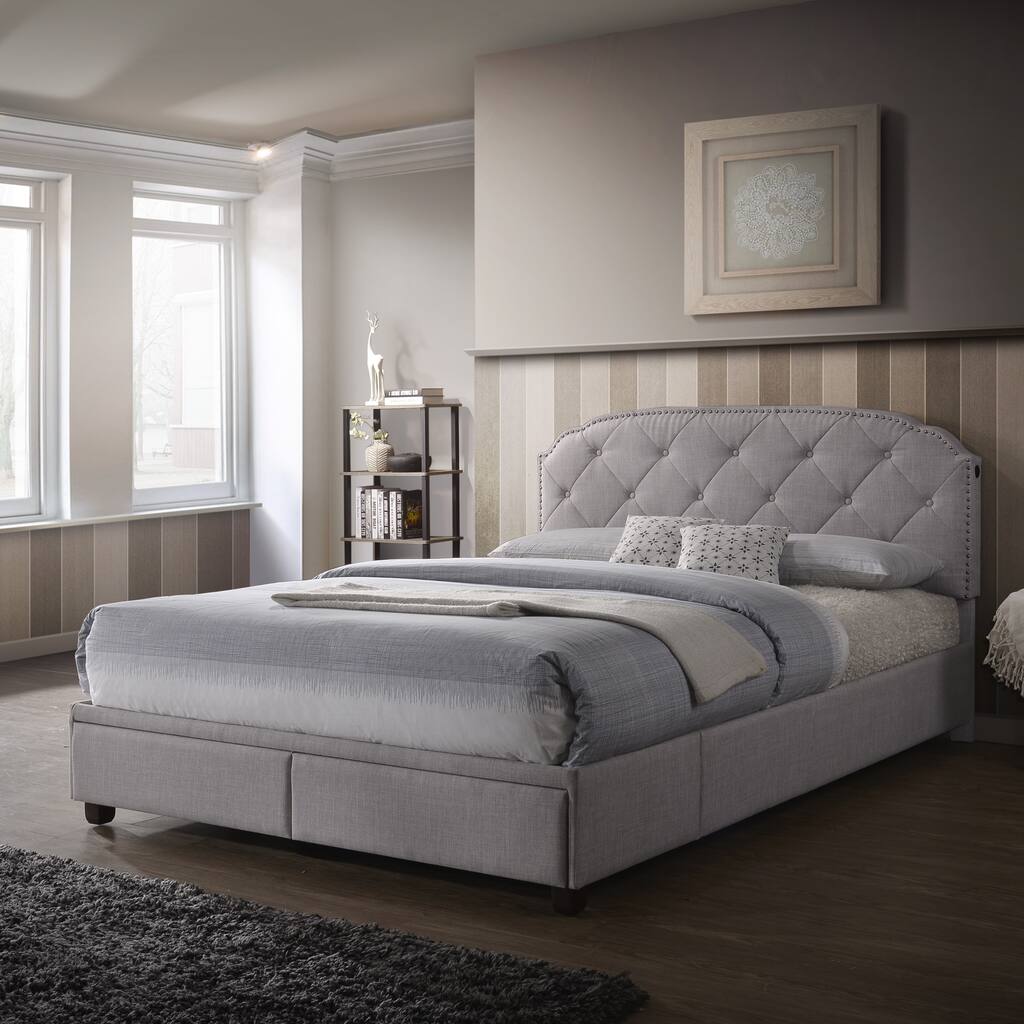 Queen All-In-One Shaped Corners Grey Upholstered Bed with Storage Footboard