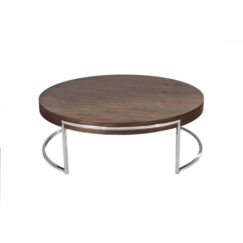 Dami 43 Inch Coffee Table, Round Top, Open Metal Frame, Walnut Brown Finish