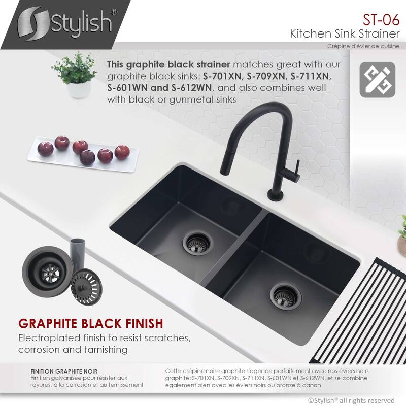 STYLISH 3.5 Inch Graphite Black Kitchen Sink Strainer with Removable Basket - Fits Standard 3.5" drain Opening.