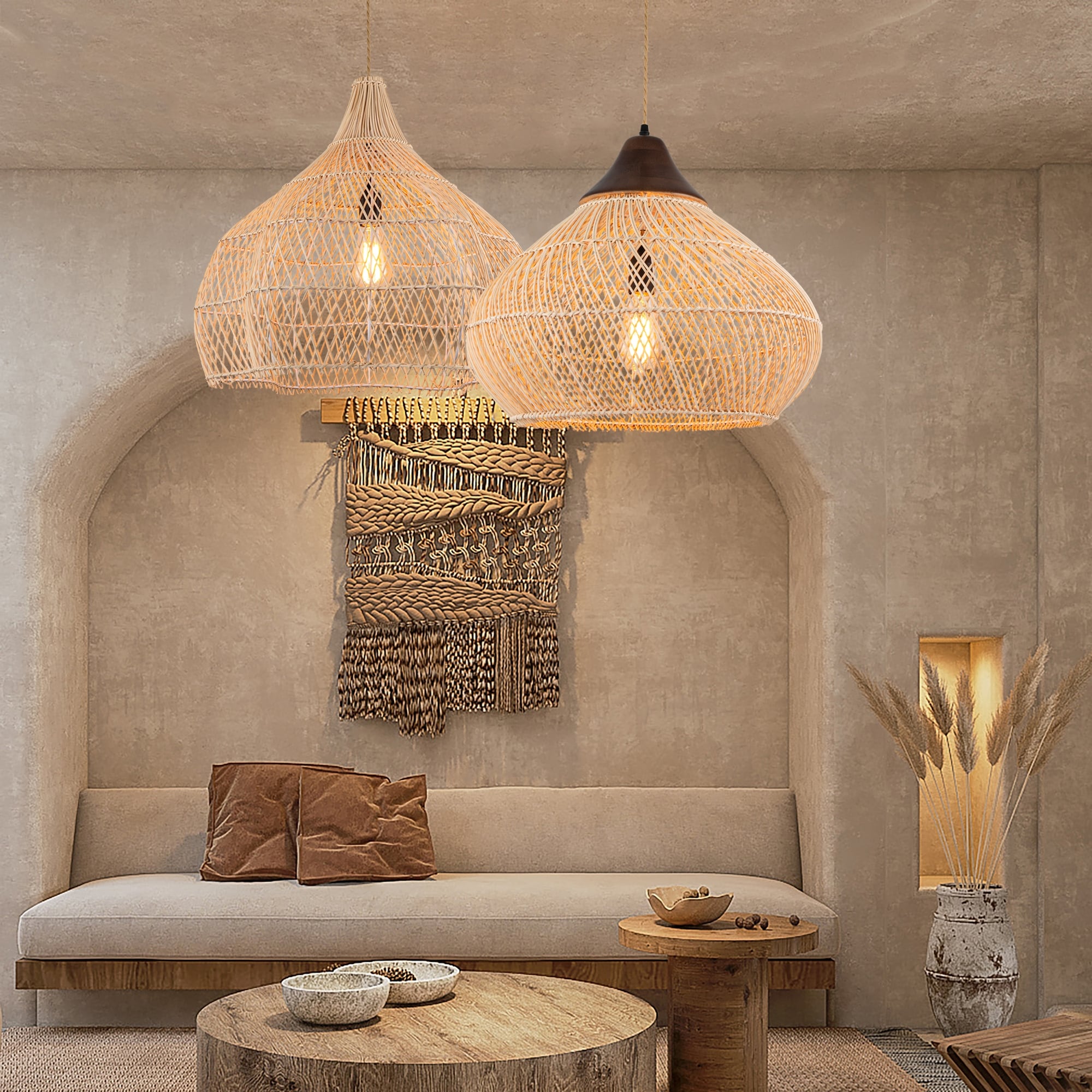 Zula Coastal Large Rattan Pendant Light in Brass Rustic Wood