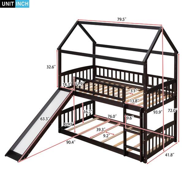 dimension image slide 0 of 3, Twin Over Twin House Bunk Bed with Slide, Storage Staircase