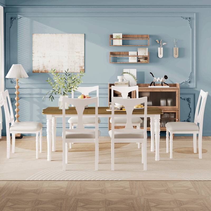 7-Piece Dining Table Set, 60inch To 78inch Extendable Wood Dining Table With Removable Leaf,6 Upholstered Side Chair