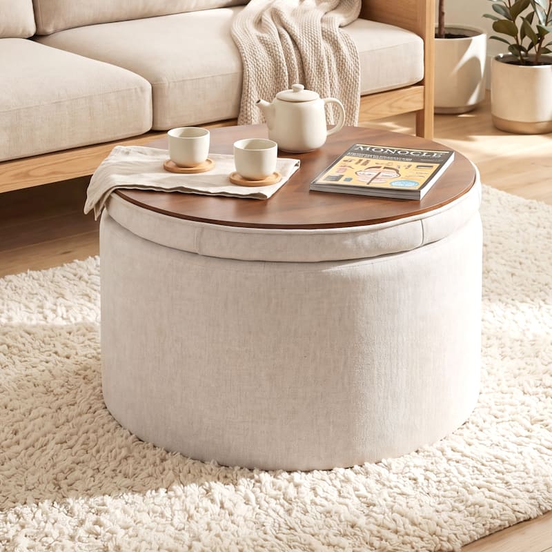 Adeco 24" W Round Tufted Storage Ottoman with Reversible Tray Lid