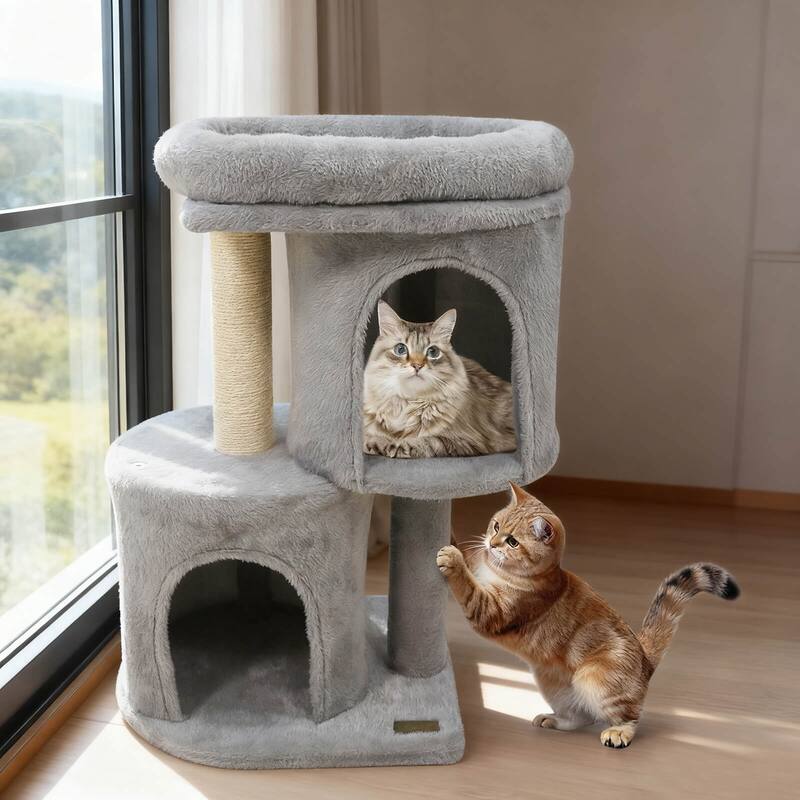 Costway 26” Small Cat Tree with Large Padded Plush Perch, 2 Condos, - See Details