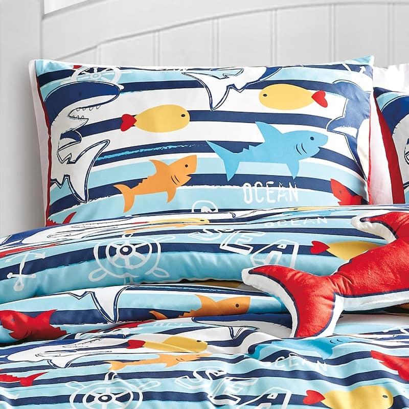 Blue Sharks Fish Sea Life Kids Comforter Set Embroidery Soft Bedding Set