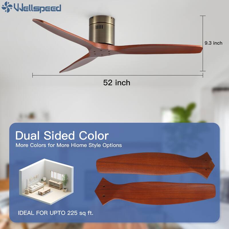 52In. Farmhouse Indoor Flush Mount Low Profile Ceiling Fan with Solid Wood Blades and Remote Control