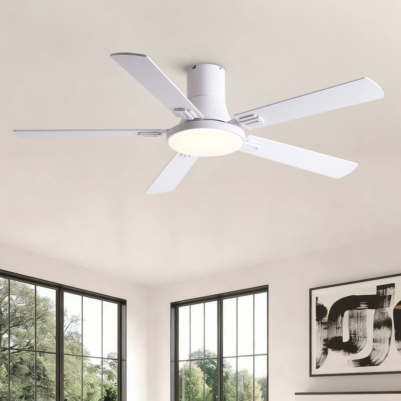 Sofucor 52 Inch Low Profile Flush Mount 5 Blades Ceiling Fan with Dimmable Light and Remote Control - 52 Inches - White with White Plywood Blades
