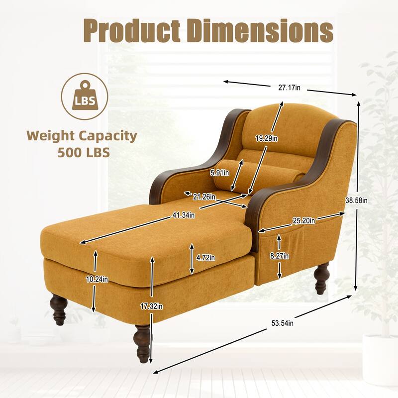 HOMEFUN Chenille Upholstered Wood Frame Oversized Chaise Lounge Single Sofa Bed with Side Pocket for Living Room,Bedroom